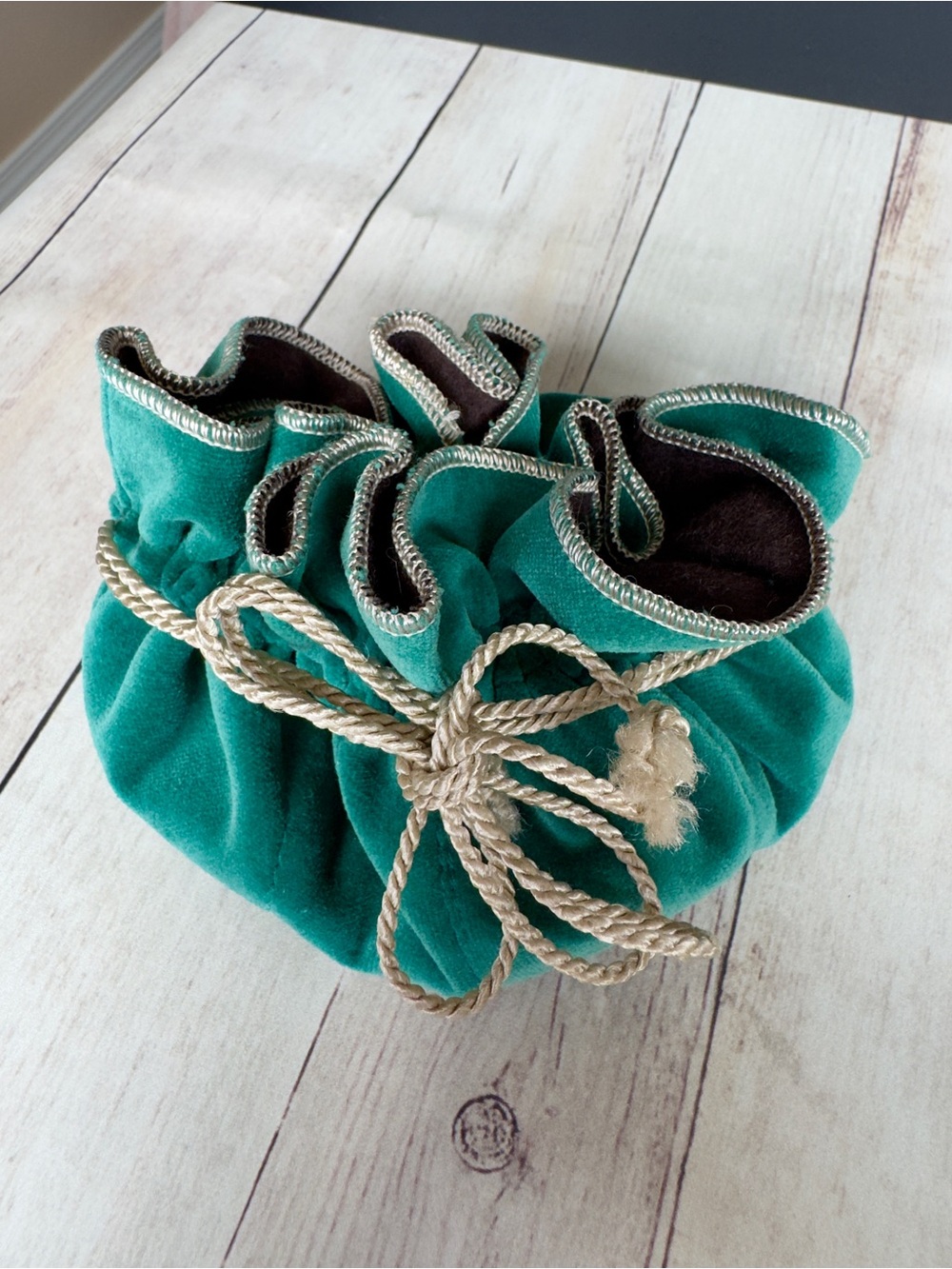 Teal Velvet Drawstring Jewelry Pouch with Gold Rope